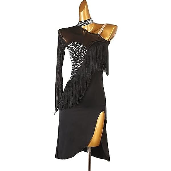 Dames Latin Dans Jurk Schuine Schouder Enkele Mouw Nationale Norm Latin Danswedstrijd Kostuum Kwastje Strass Netstof Doorschijnende Dansjurk